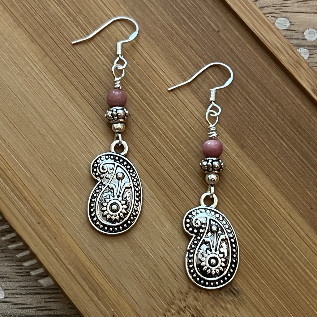 New Beautiful Pink Rhodonite Silver Paisley Earrings With French Wire Hooks 12$